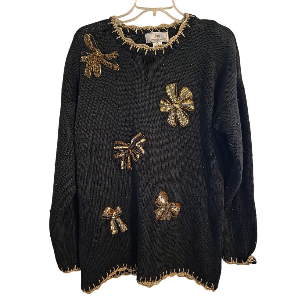 Vtg Lisa International Black Holiday Sweater Gold Sequined Bows Size L Festive